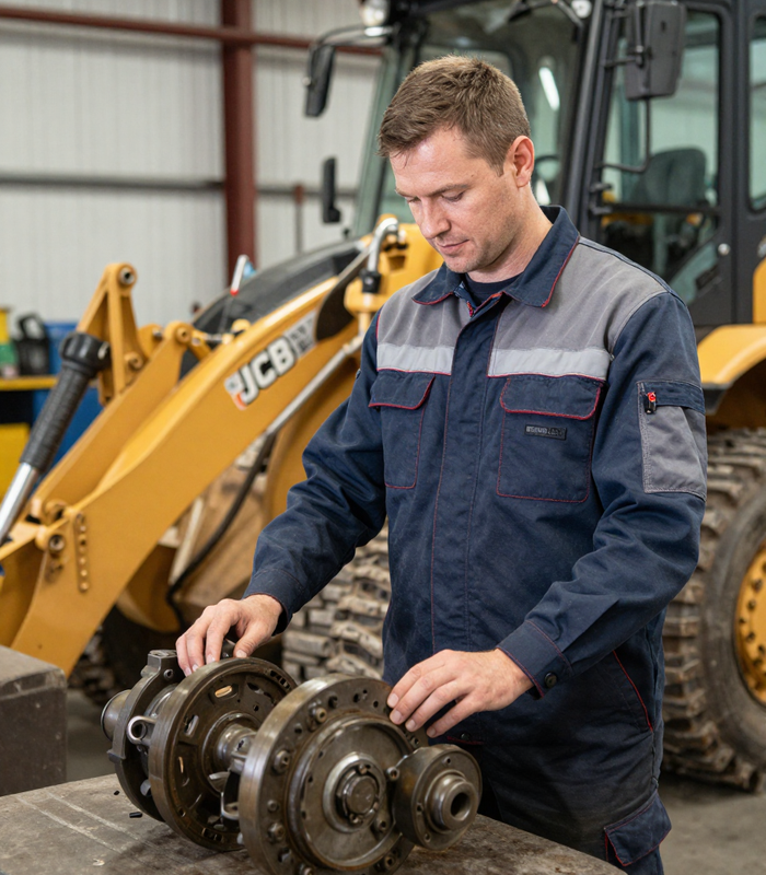 Профессиональный механик за работой с запчастями JCB